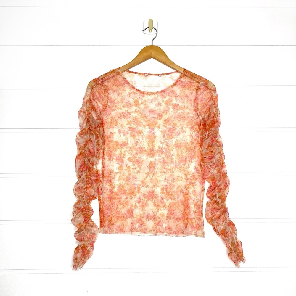 ZARA Woman Floral Mesh Ruched Long Sleeve Top